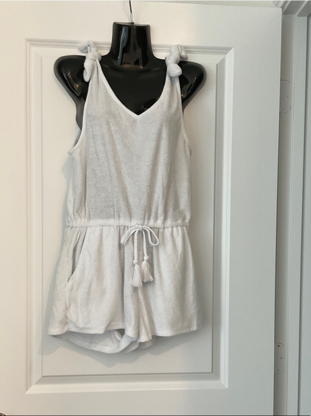 White Terry Cloth Swim Coverup Romper with Tassel Tie